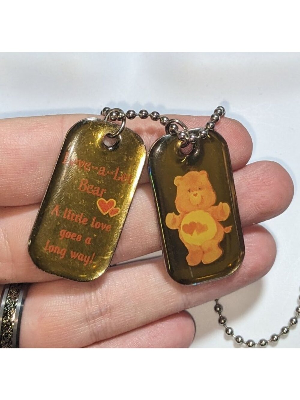 Vintage Kidcore Care Bears Love-A-Lot Bear Double Dog Tag Necklace